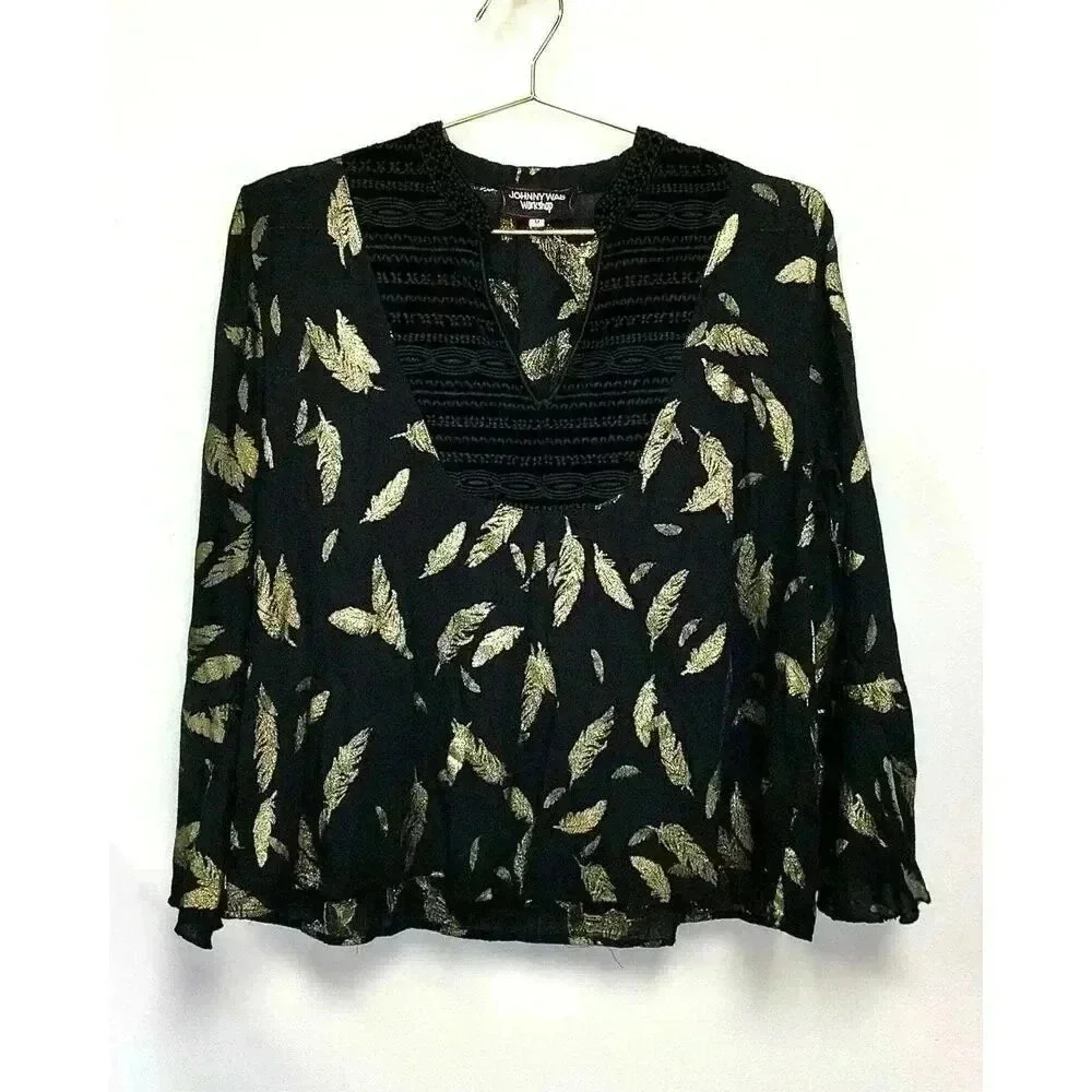 Johnny Was Workshop Womens Black Metallic Gold Feather Bell Sleeve Blouse Medium